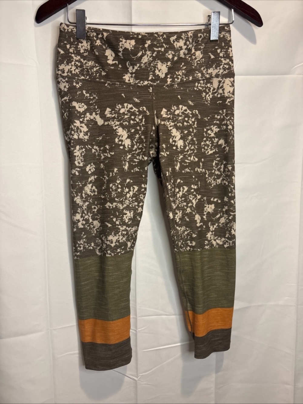 Prana Olive and Cream Floral Capri Leggings with Brown Waistband